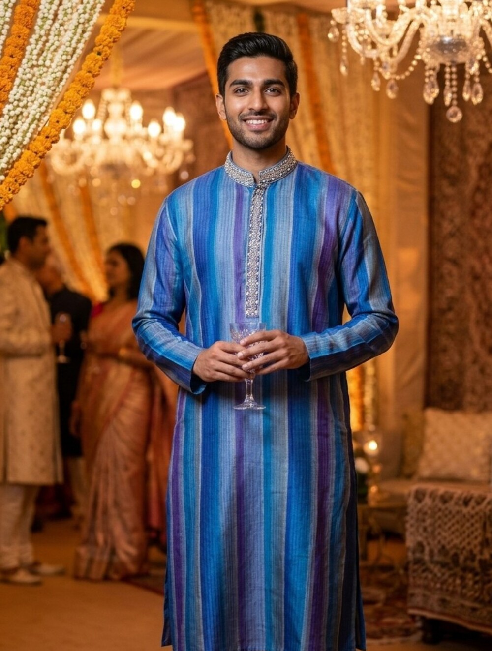 REGAL Blue, Purple and Gold Striped Kurta, 44